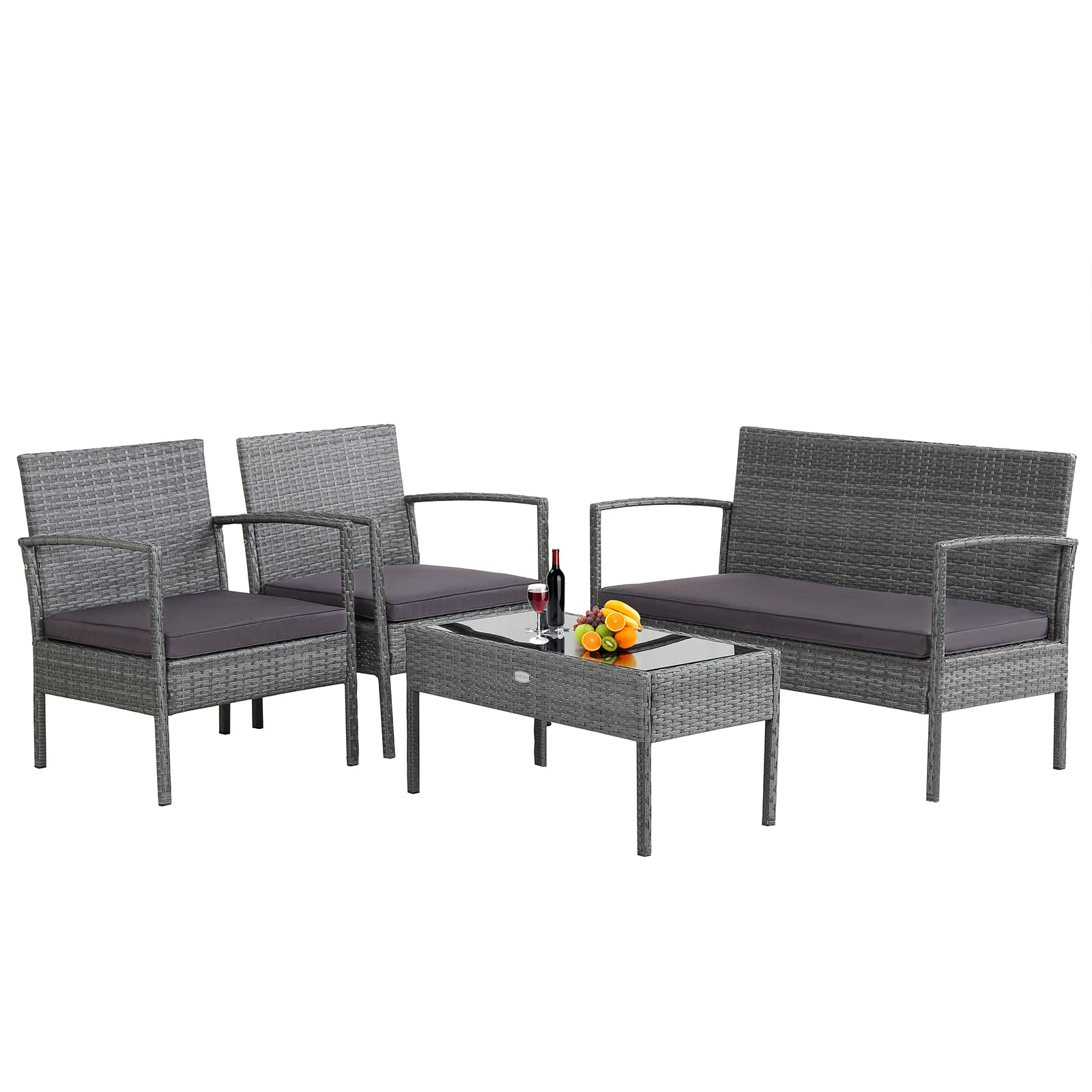 Tangkula Salon de jardin 4 pièces en rotin, Ensemble de conversation en osier pour extérieur Patiojoy